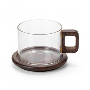 Juego de 6 Tazas de Vidrio Borosilicato con Asa de Madera y Plato de Madera Oscura