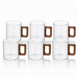 Set de 6 Pocillos de Vidrio Borosilicato de 150 ml con Asa de Madera de Diseño Geométrico