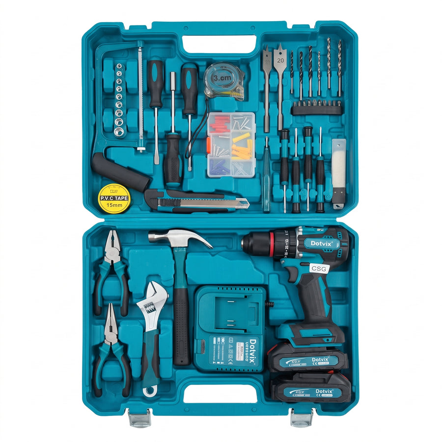 Kit Completo de Taladro Inalámbrico Dotvix 48V con Juego de Herramientas Manuales y Maletín Rígido Turquesa