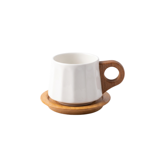 Juego de 6 Pocillos de Cerámica de Diseño Nórdico con Asa y Plato de Madera Natural